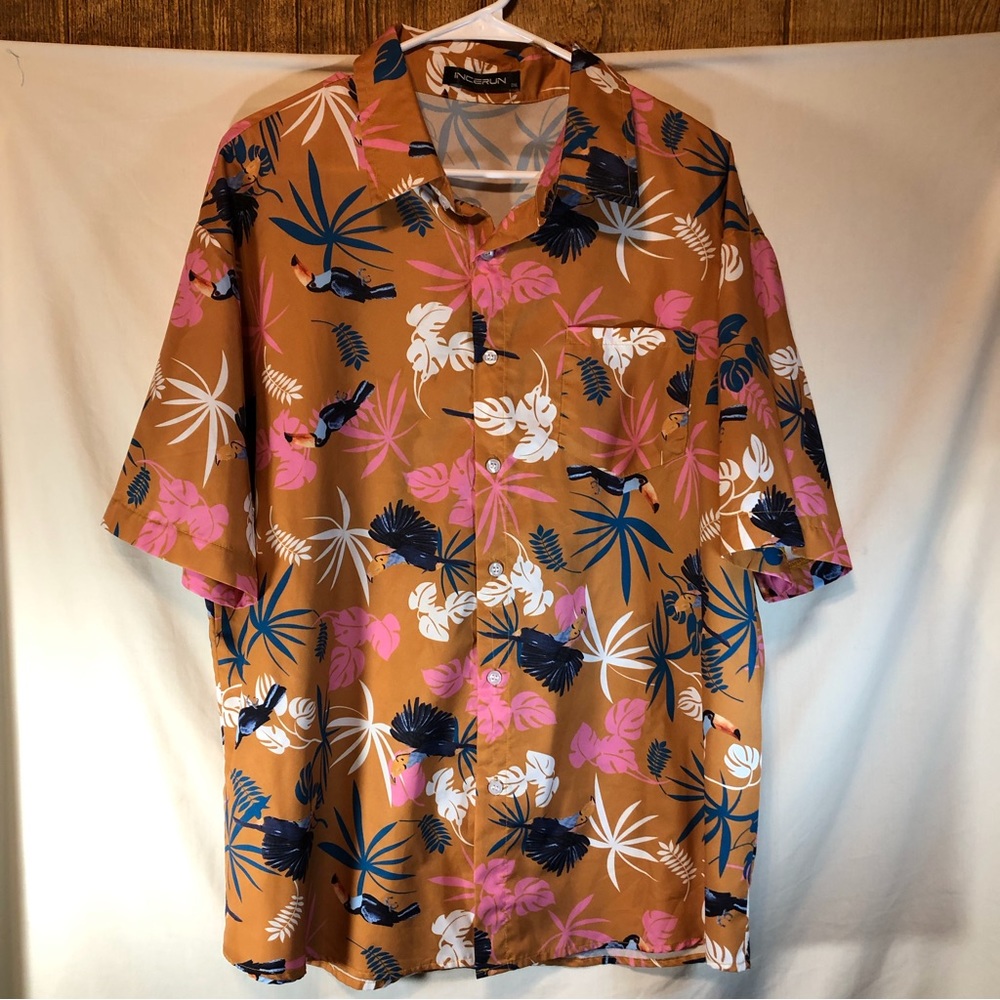 INCERUN tropical print button down short sleeve shirt macaws/pink flowers 2XL